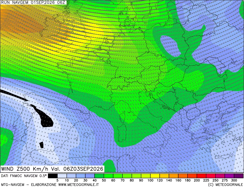 mappa Direzione e forza del vento a 500hPa