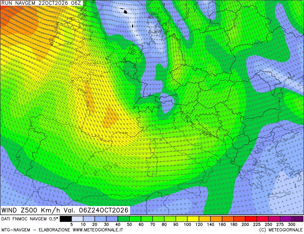mappa Direzione e forza del vento a 500hPa