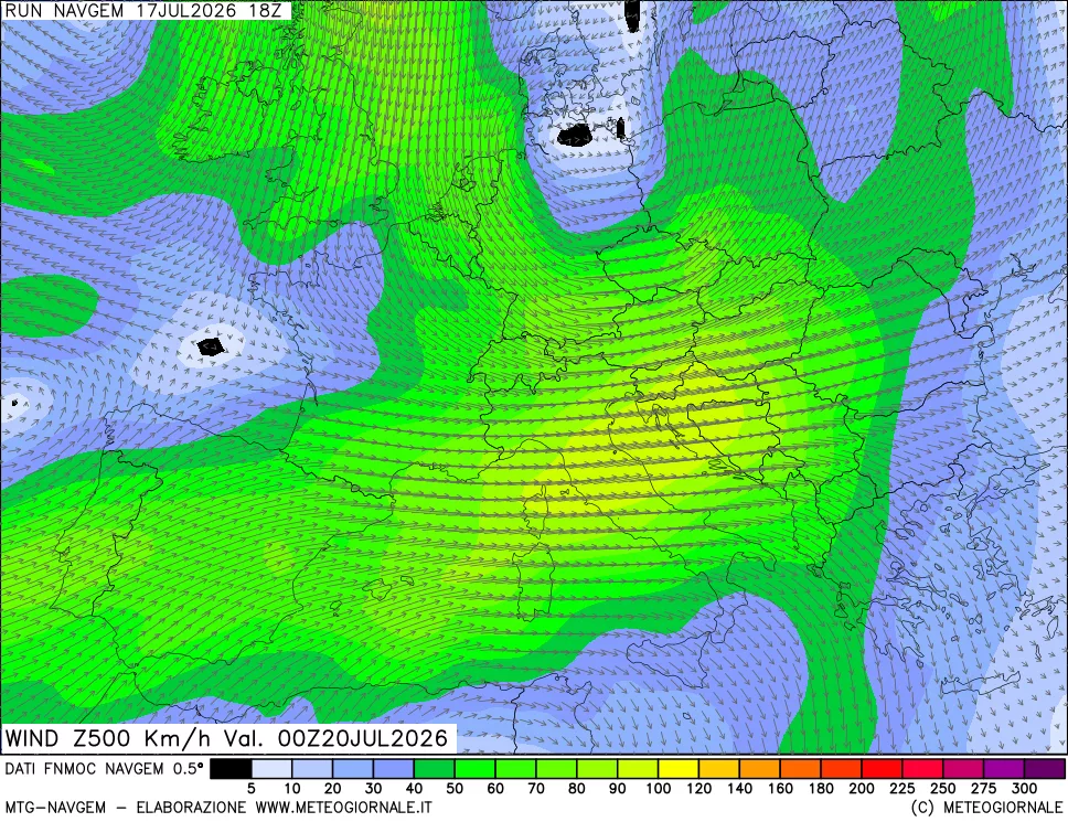 mappa Direzione e forza del vento a 500hPa