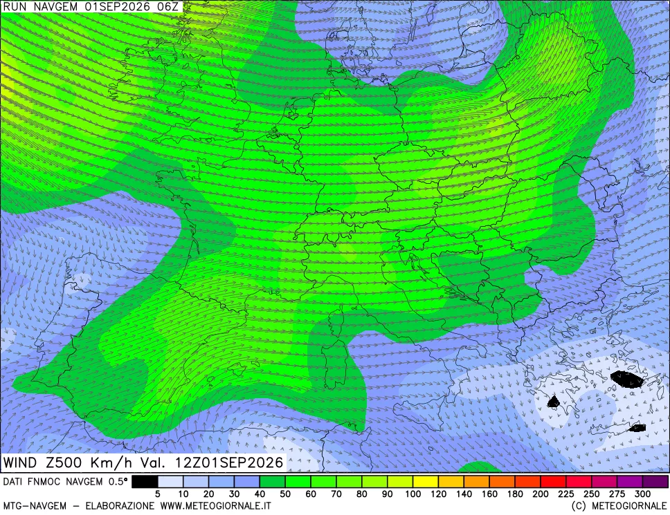 mappa Direzione e forza del vento a 500hPa