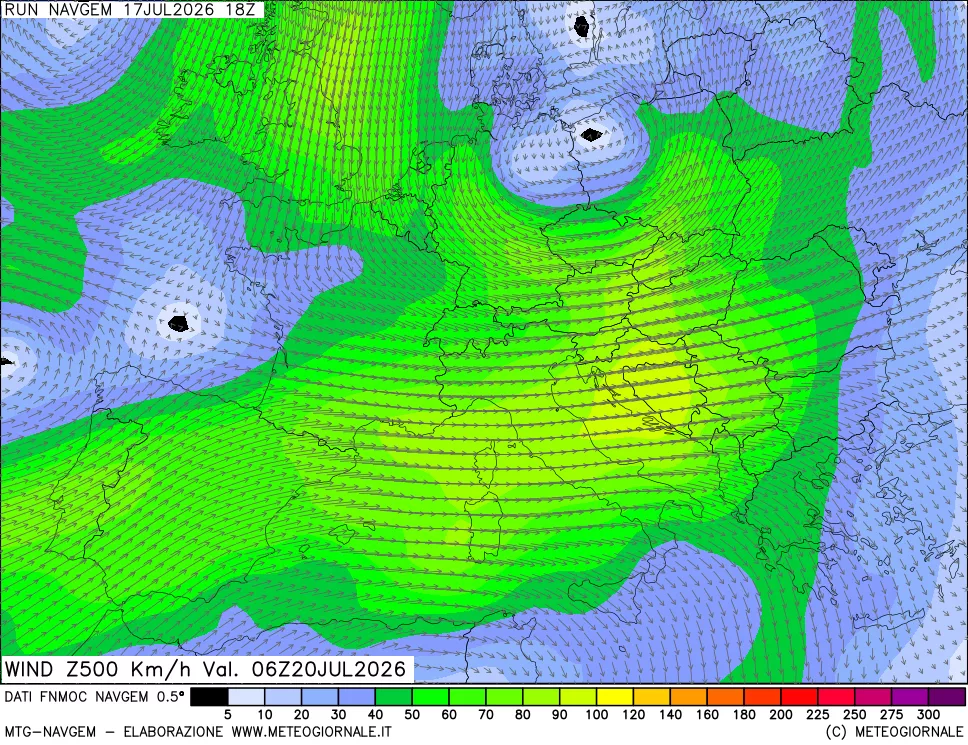 mappa Direzione e forza del vento a 500hPa