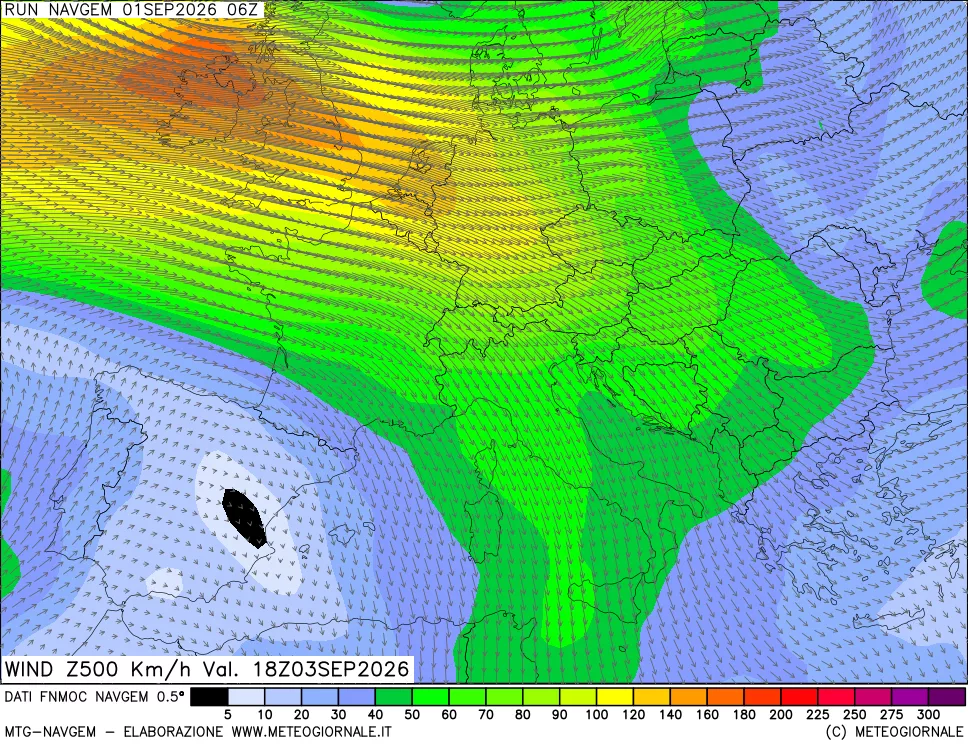 mappa Direzione e forza del vento a 500hPa