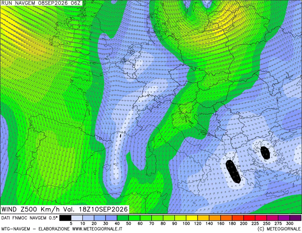 mappa Direzione e forza del vento a 500hPa