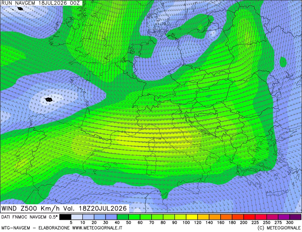 mappa Direzione e forza del vento a 500hPa