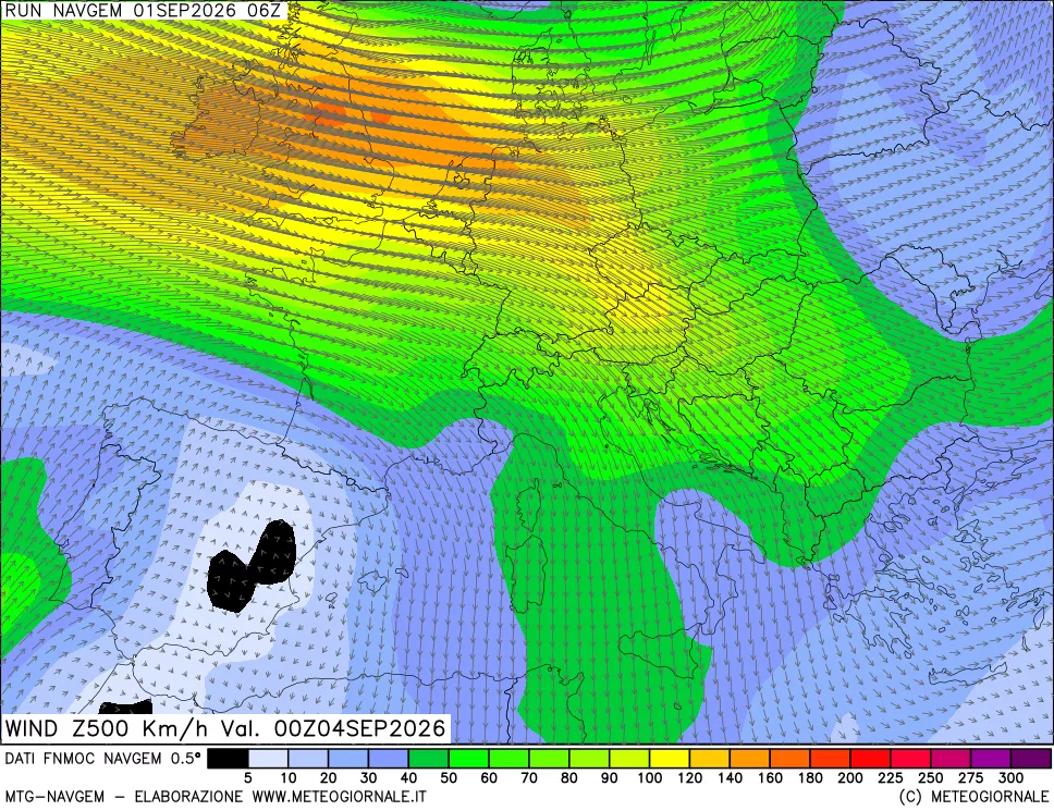 mappa Direzione e forza del vento a 500hPa