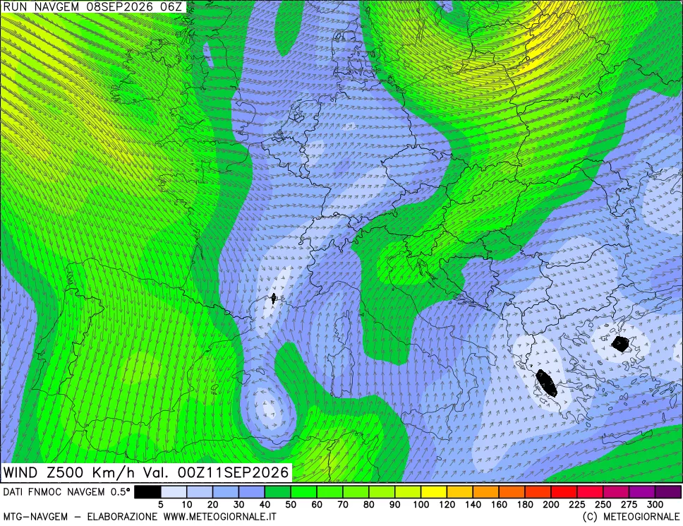 mappa Direzione e forza del vento a 500hPa