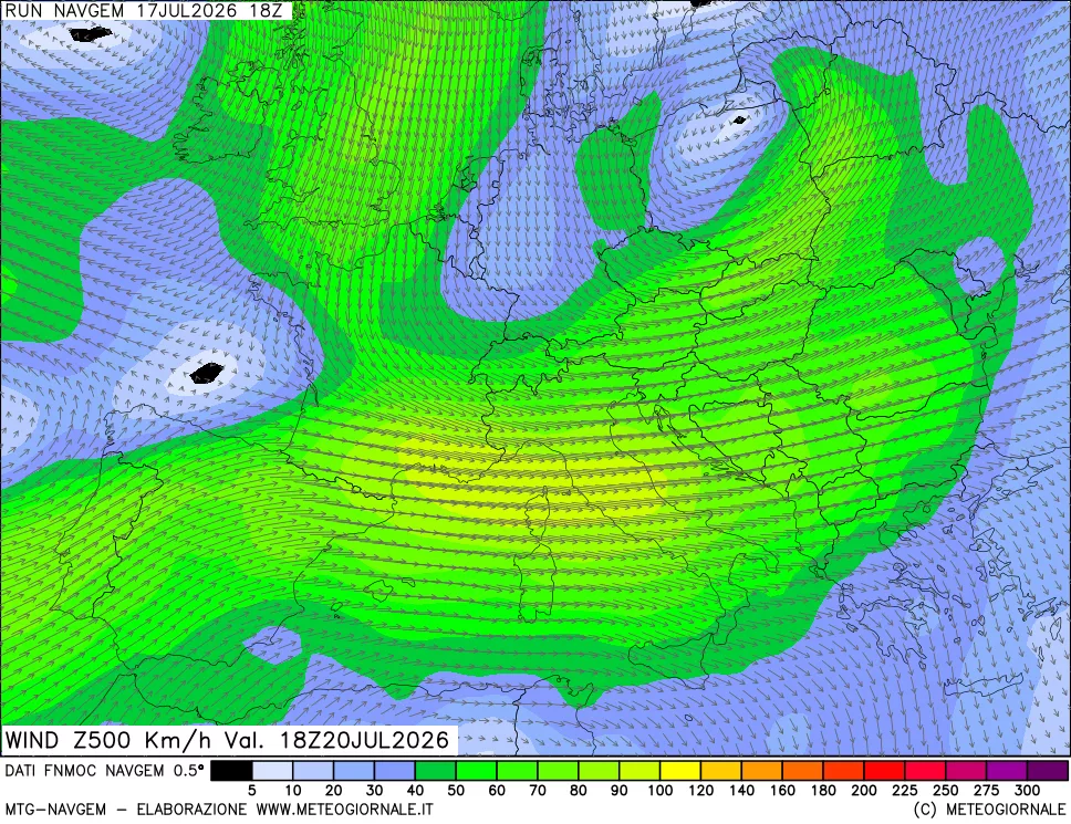 mappa Direzione e forza del vento a 500hPa