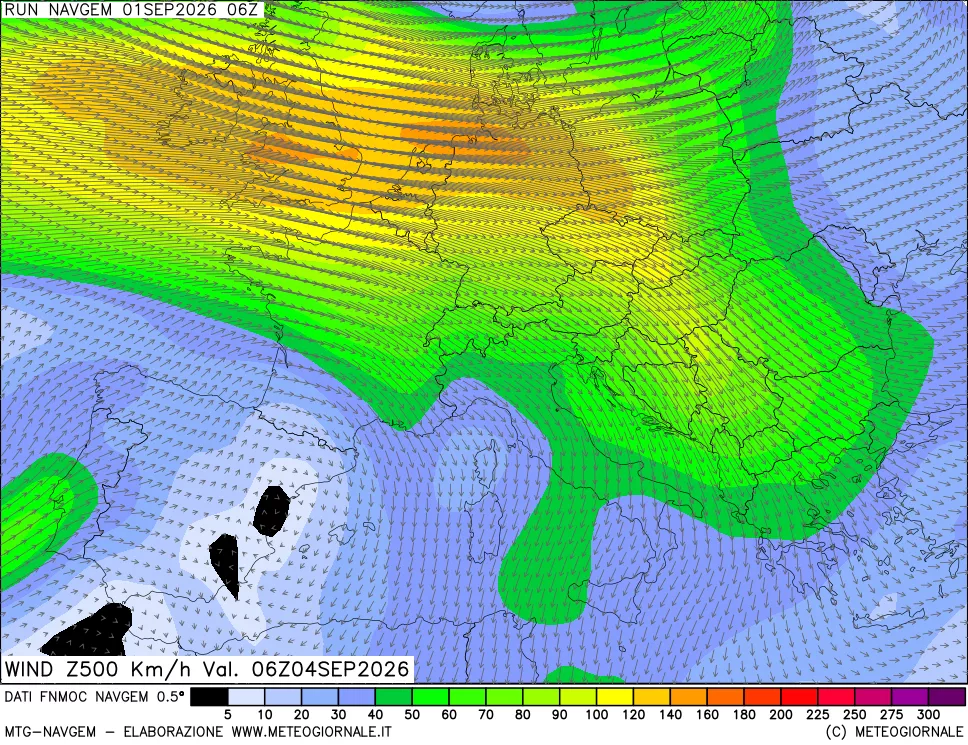 mappa Direzione e forza del vento a 500hPa