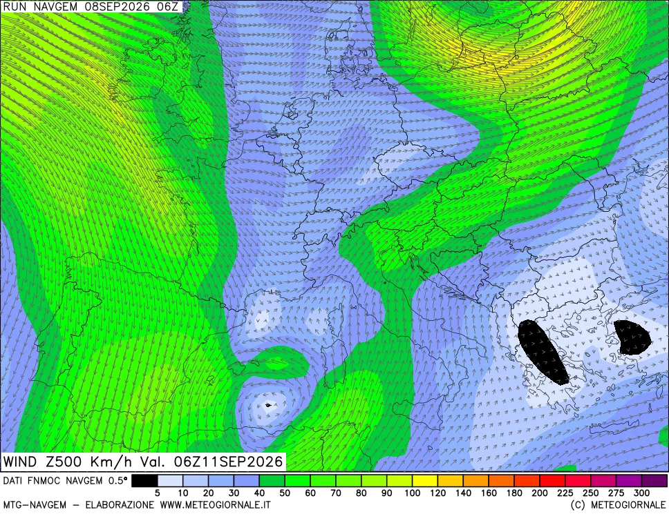 mappa Direzione e forza del vento a 500hPa