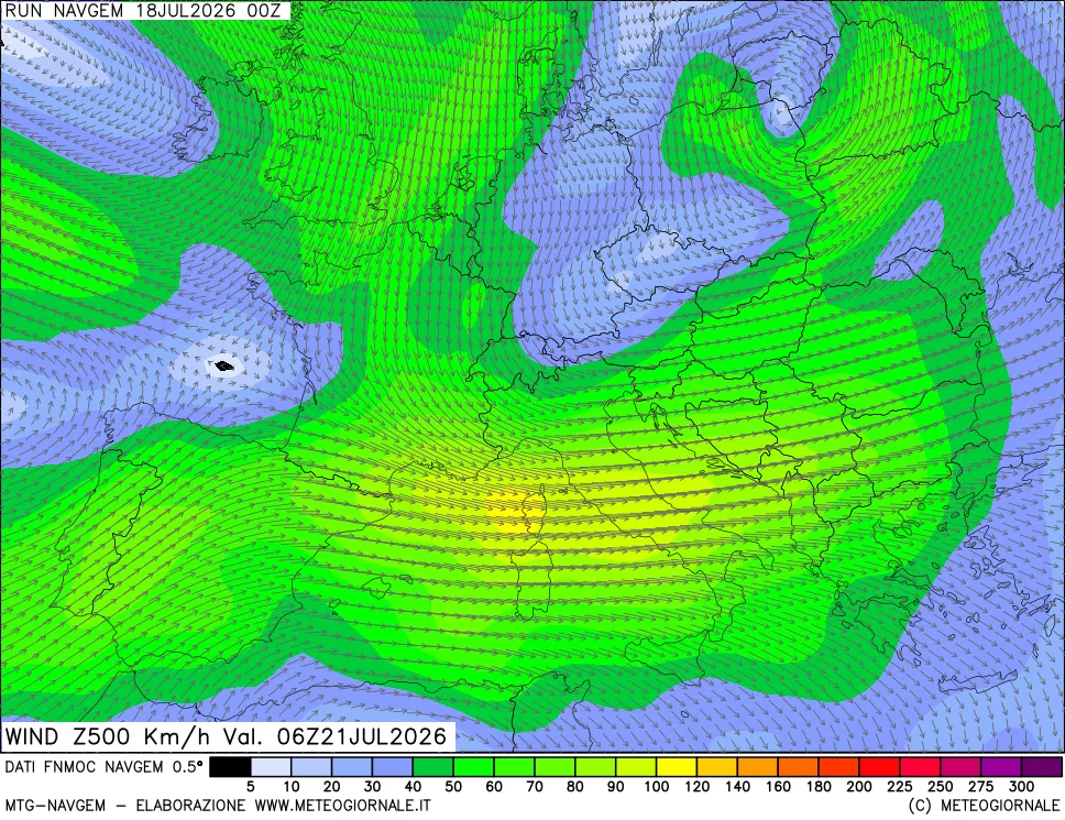 mappa Direzione e forza del vento a 500hPa