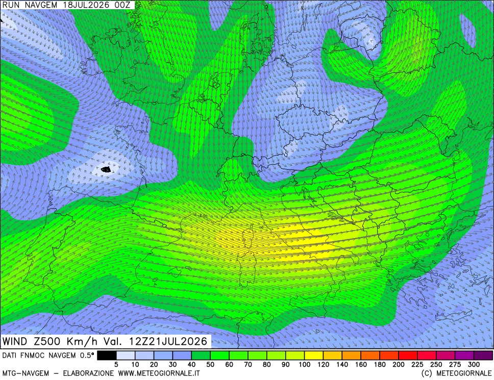 mappa Direzione e forza del vento a 500hPa