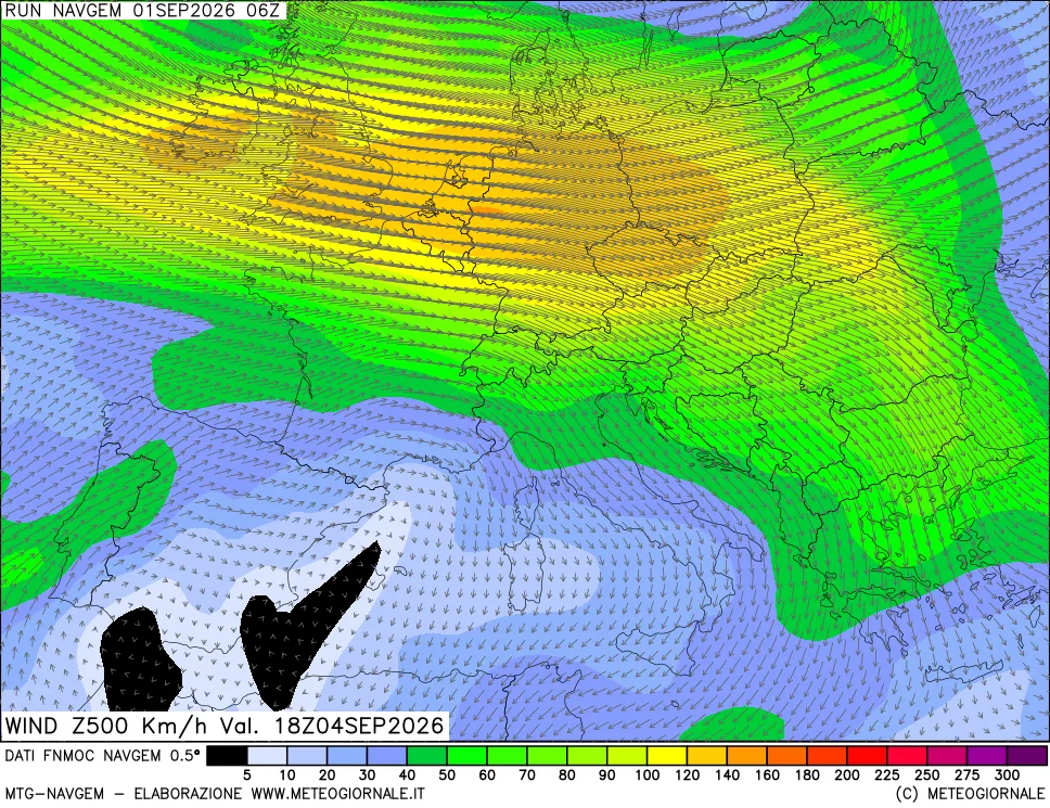mappa Direzione e forza del vento a 500hPa