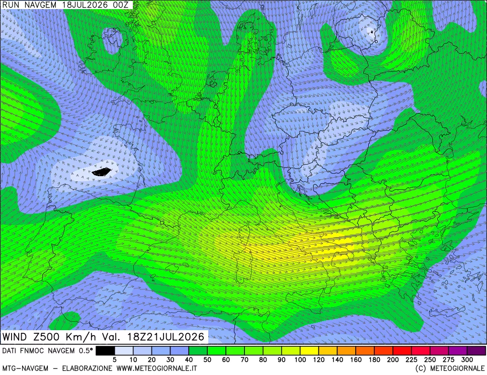 mappa Direzione e forza del vento a 500hPa