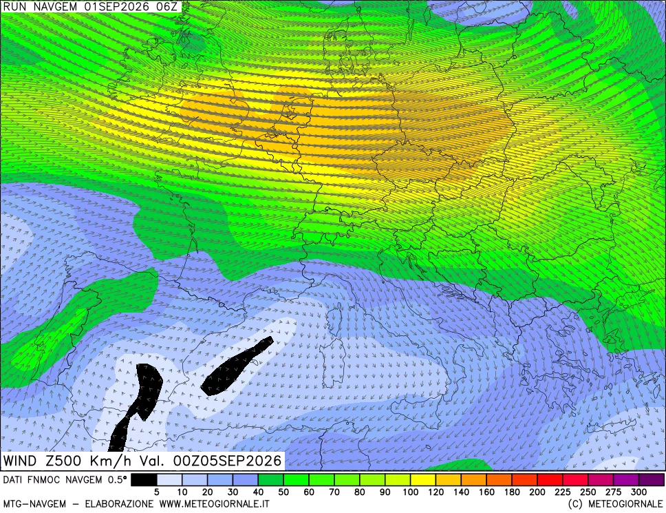 mappa Direzione e forza del vento a 500hPa
