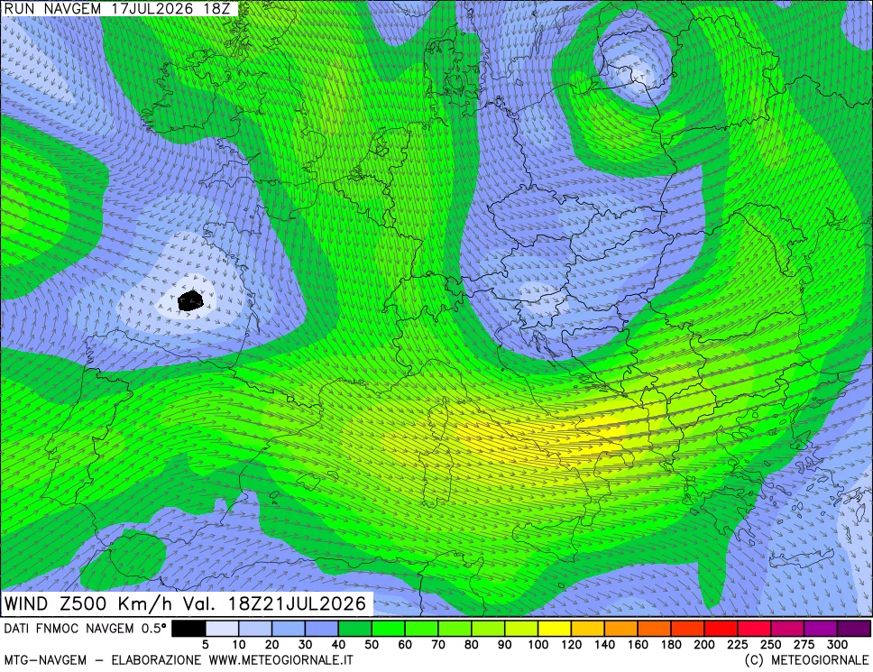 mappa Direzione e forza del vento a 500hPa