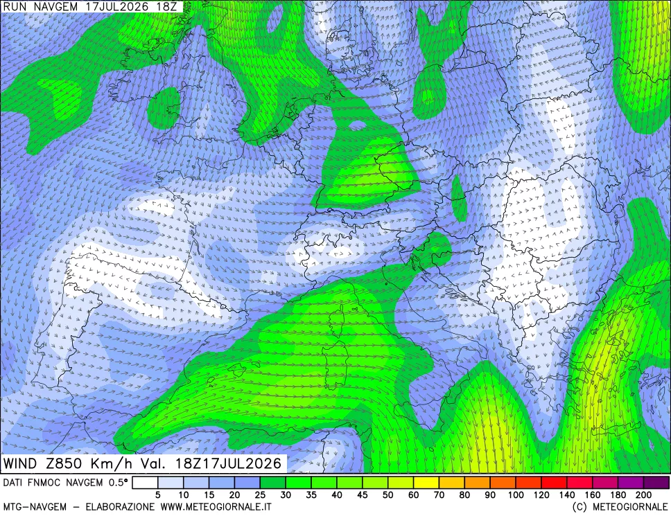mappa Direzione e forza del vento a 850hPa