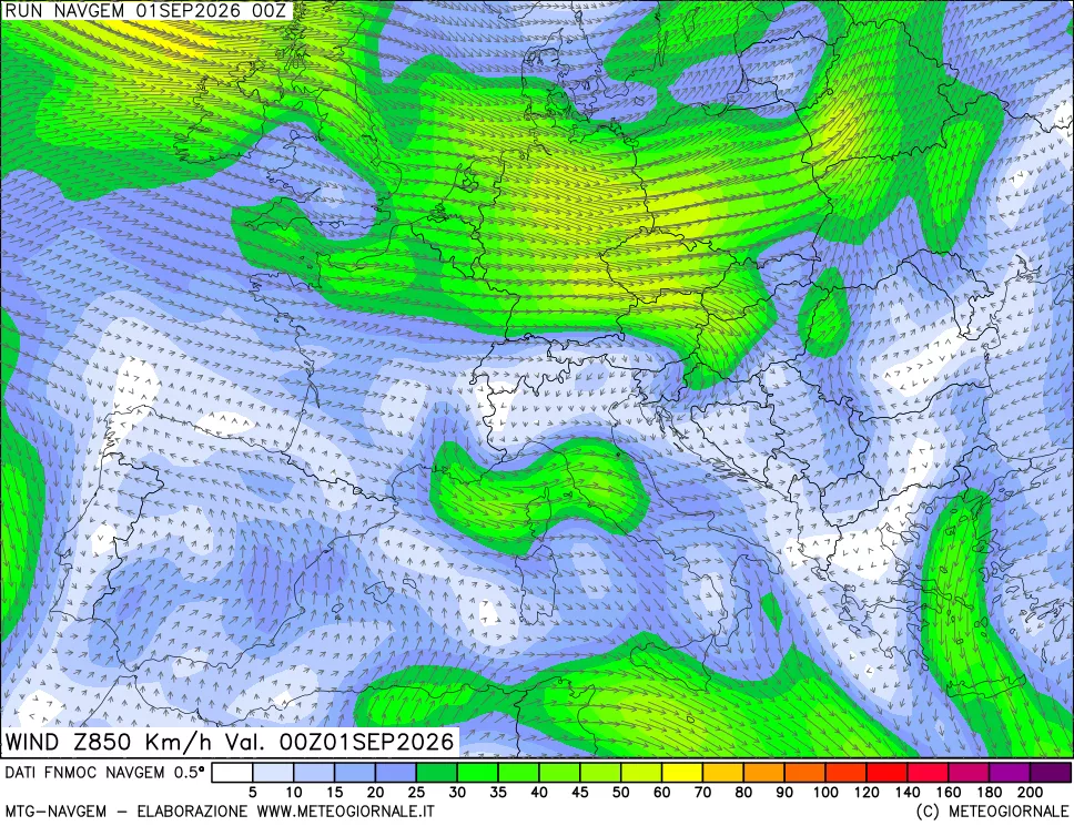 mappa Direzione e forza del vento a 850hPa
