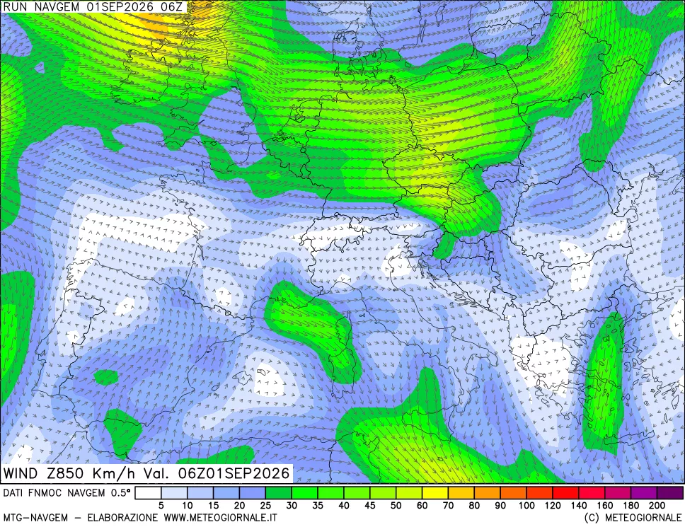 mappa Direzione e forza del vento a 850hPa