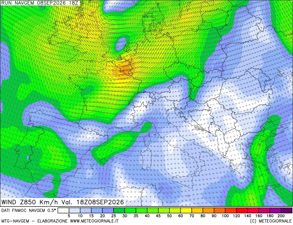 mappa Direzione e forza del vento a 850hPa