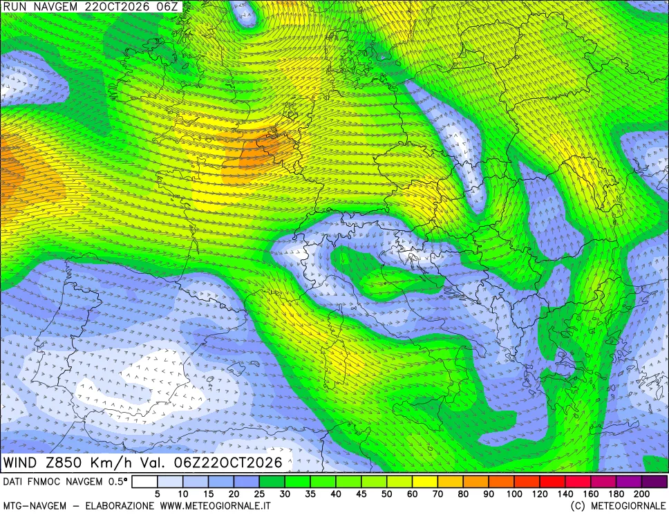 mappa Direzione e forza del vento a 850hPa