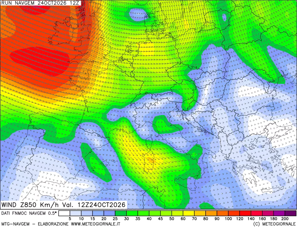 mappa Direzione e forza del vento a 850hPa