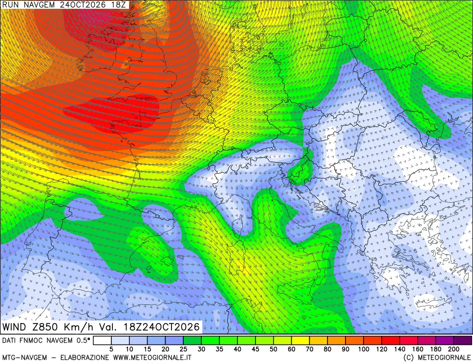 mappa Direzione e forza del vento a 850hPa