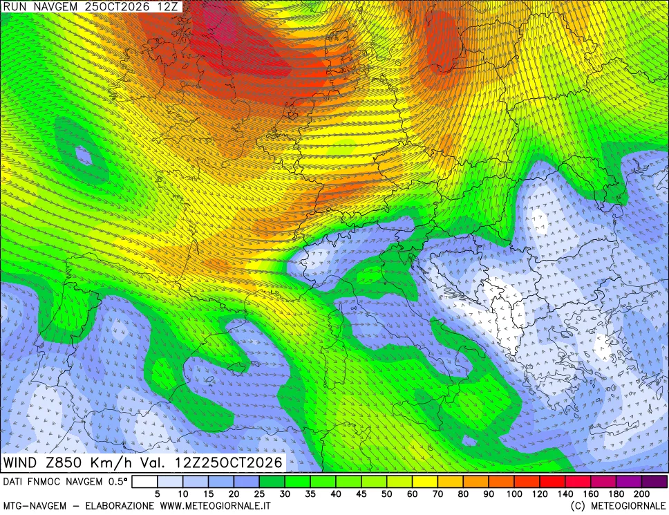 mappa Direzione e forza del vento a 850hPa