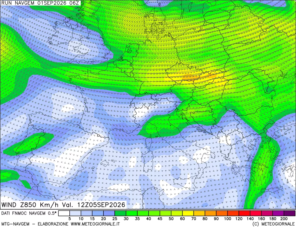 mappa Direzione e forza del vento a 850hPa