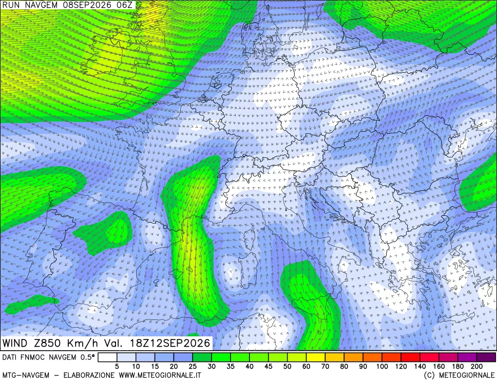 mappa Direzione e forza del vento a 850hPa