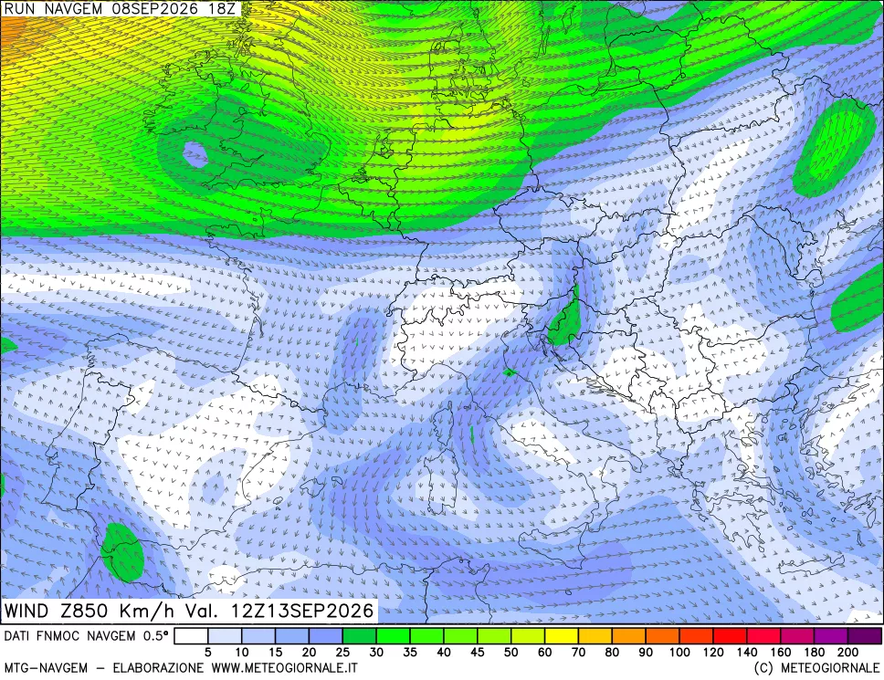 mappa Direzione e forza del vento a 850hPa