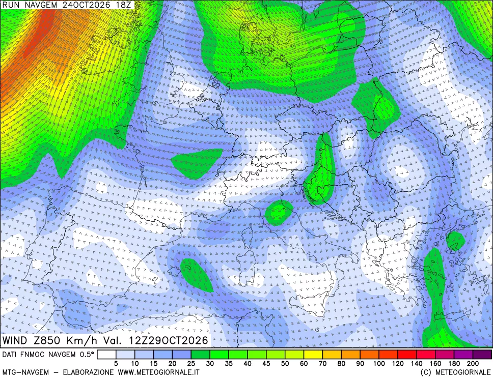 mappa Direzione e forza del vento a 850hPa