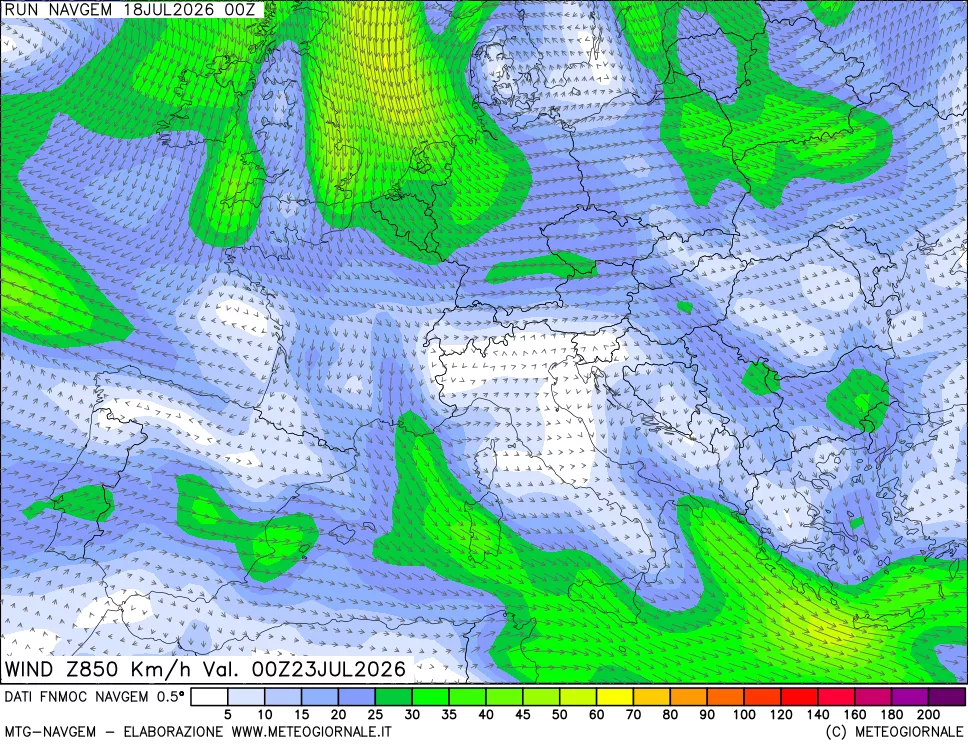 mappa Direzione e forza del vento a 850hPa