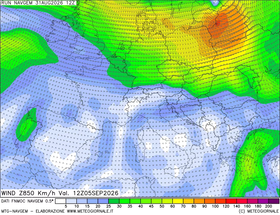 mappa Direzione e forza del vento a 850hPa