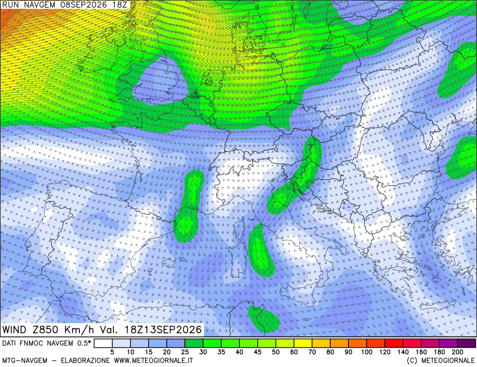 mappa Direzione e forza del vento a 850hPa
