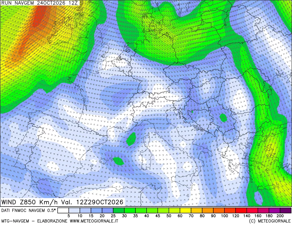mappa Direzione e forza del vento a 850hPa