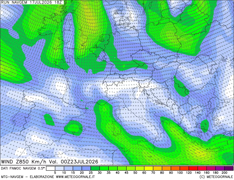 mappa Direzione e forza del vento a 850hPa