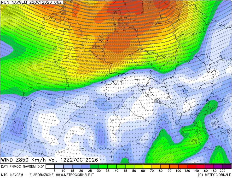 mappa Direzione e forza del vento a 850hPa
