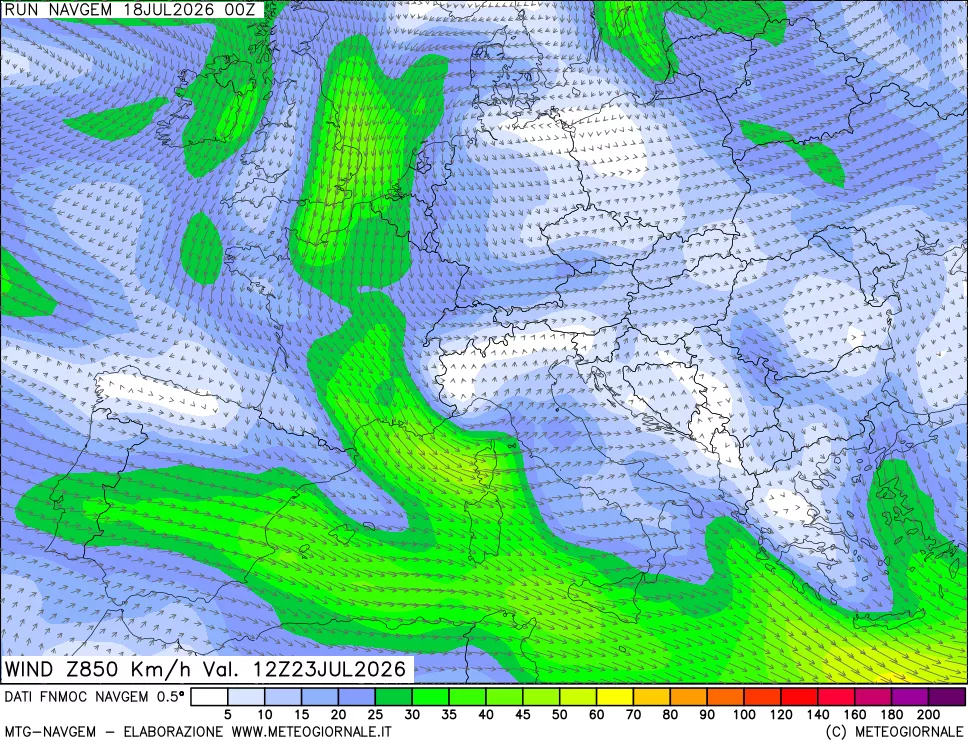 mappa Direzione e forza del vento a 850hPa