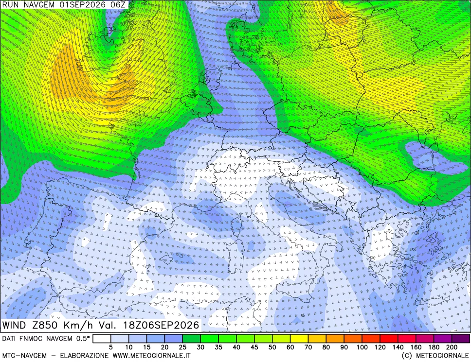 mappa Direzione e forza del vento a 850hPa