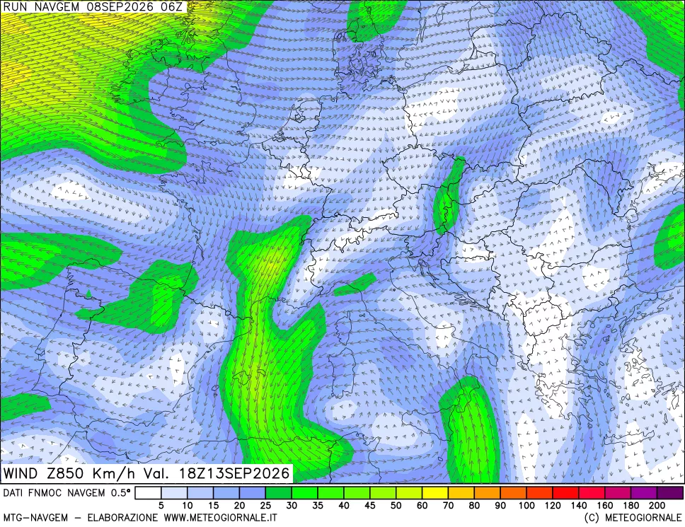 mappa Direzione e forza del vento a 850hPa