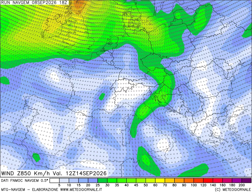 mappa Direzione e forza del vento a 850hPa