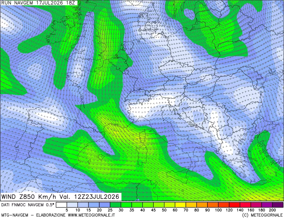 mappa Direzione e forza del vento a 850hPa