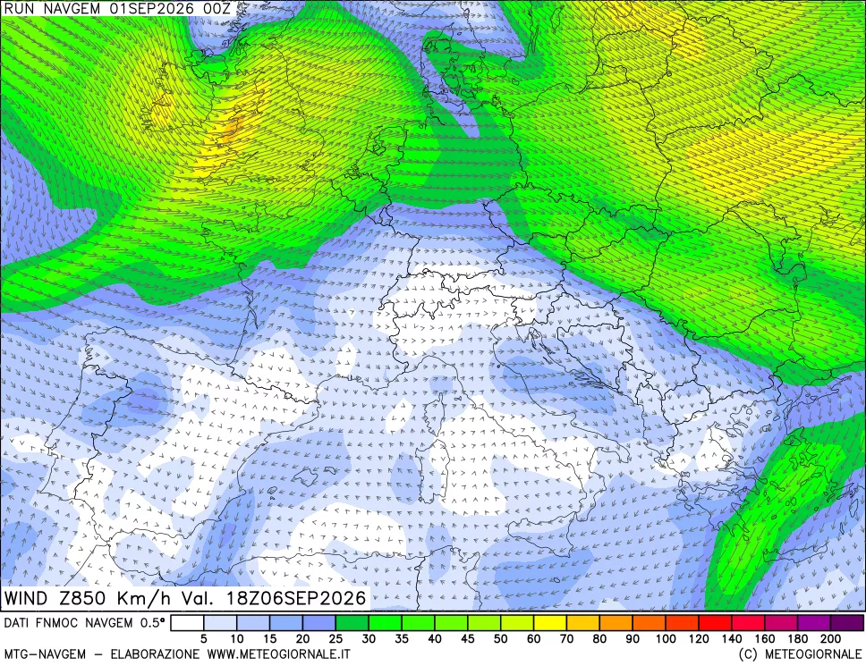 mappa Direzione e forza del vento a 850hPa