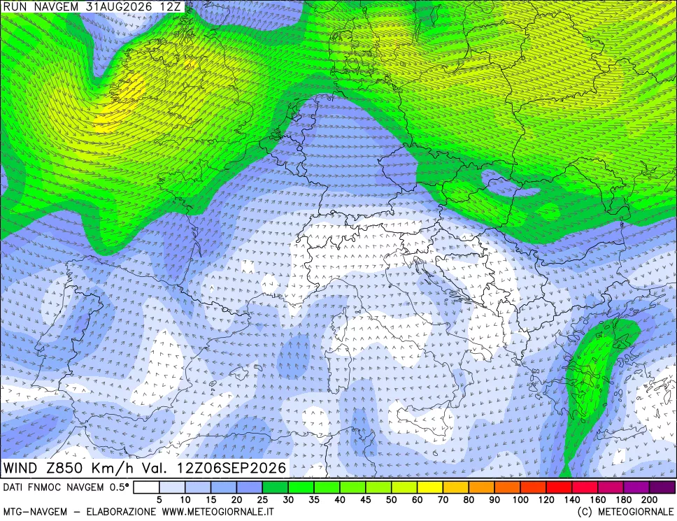 mappa Direzione e forza del vento a 850hPa