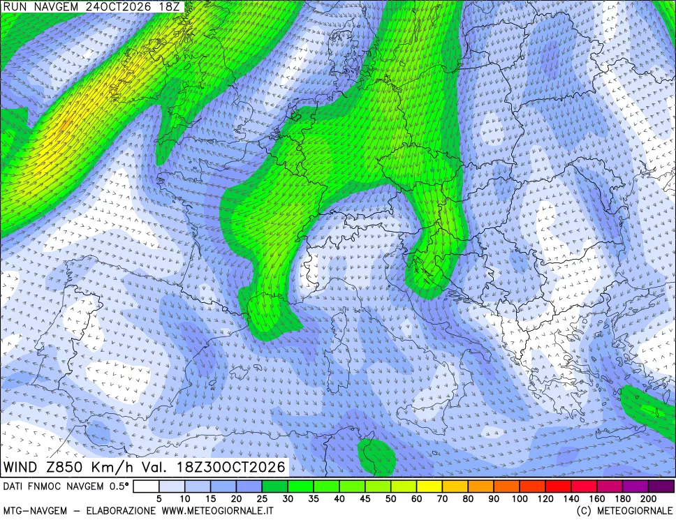 mappa Direzione e forza del vento a 850hPa