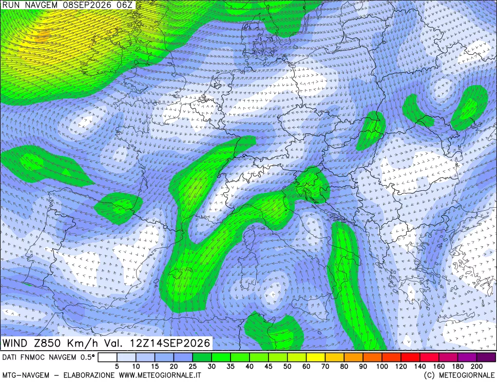mappa Direzione e forza del vento a 850hPa