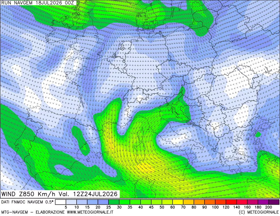 mappa Direzione e forza del vento a 850hPa