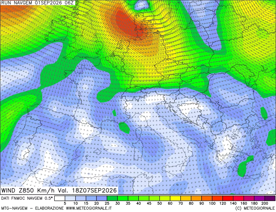 mappa Direzione e forza del vento a 850hPa