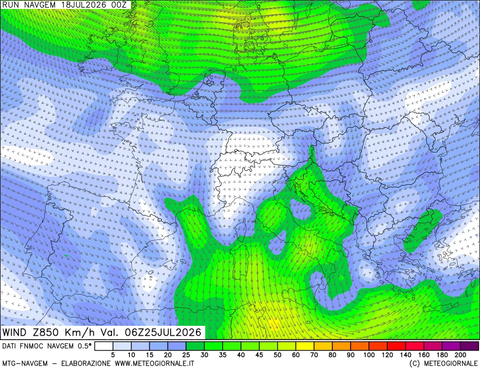 mappa Direzione e forza del vento a 850hPa