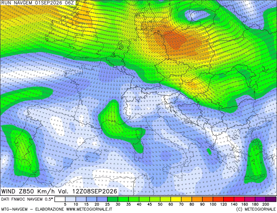 mappa Direzione e forza del vento a 850hPa